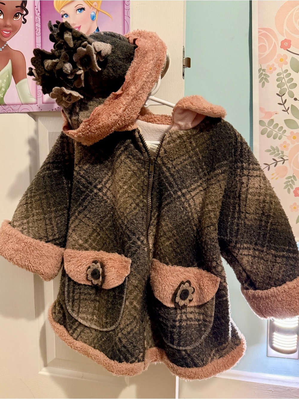 Girls' Plaid Hooded Pea Coat with Pink Faux-Sherpa Trim